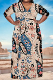 Light Blue Elegant Floral Print With Belt V Neck Printed Plus Size Dresses