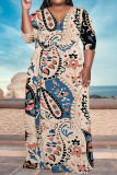 Light Blue Elegant Floral Print With Belt V Neck Printed Plus Size Dresses