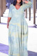 Yellow And Blue Casual Geometric Print Lace Up Contrast V Neck Printed Plus Size Dresses
