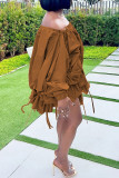 Brown Sexy Solid Color Draw String Lace Up Backless Off Shoulder Long Sleeve Dresses