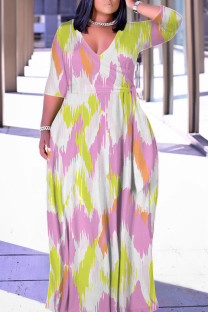 Pink Casual Geometric Print Lace Up Contrast V Neck Printed Plus Size Dresses