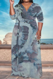 Light Blue Elegant Floral Print With Belt V Neck Printed Plus Size Dresses