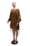 Brown Sexy Solid Color Draw String Lace Up Backless Off Shoulder Long Sleeve Dresses