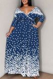 Blue Casual Geometric Print Lace Up Contrast V Neck Printed Plus Size Dresses