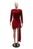 Red Party Solid Color Sequins Patchwork O Neck Wrapped Skirt Dresses