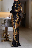 Black Celebrities Formal Patchwork Sequins Zipper Half A Turtleneck Long Dresses