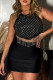 Black Sexy Solid Color Fringed Trim Backless Hot Drill Belted Halter Sleeveless Two Pieces