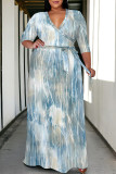 Blue Casual Geometric Print Lace Up Contrast V Neck Printed Plus Size Dresses