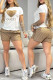 Brown Casual Letter Print Patchwork O Neck Short Sleeve Two Pieces