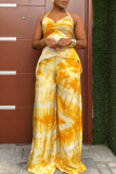 Yellow Casual Tie Dye Patchwork Halter Sleeveless Two Pieces