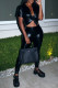 Black Sexy Casual Hot Solid Color Belted V Neck Short Sleeve Two Pieces