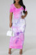 Rose Red Casual Gradient Print Flowers Contrast O Neck Printed Dresses