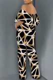 Orange Apricot Street Geometric Print Pocket Flounce Off Shoulder Jumpsuits