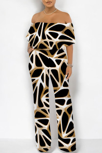 Black Yellow Street Geometric Print Pocket Flounce Off Shoulder Jumpsuits