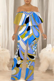 Orange Apricot Street Geometric Print Pocket Flounce Off Shoulder Jumpsuits