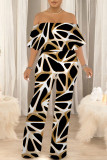 Orange Apricot Street Geometric Print Pocket Flounce Off Shoulder Jumpsuits