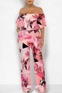 Pink Street Geometric Print Pocket Flounce Off Shoulder Jumpsuits