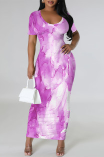 Light Purple Casual Gradient Print Flowers Contrast O Neck Printed Dresses
