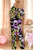 Orange Apricot Street Geometric Print Pocket Flounce Off Shoulder Jumpsuits
