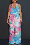 Baby Blue Sexy Floral Print Pocket Lace Up Backless Contrast Loose Jumpsuits