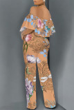 Orange Apricot Street Geometric Print Pocket Flounce Off Shoulder Jumpsuits