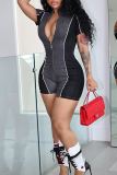 Grey Sexy Patchwork Zipper Zipper Collar Skinny Rompers