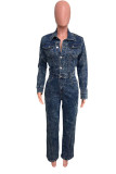 Deep Blue Casual Solid Color Buttons Patchwork Turndown Collar Long Sleeve High Waist Regular Denim Jumpsuits