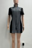 Grey Sexy Patchwork Zipper Zipper Collar Skinny Rompers