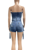 Blue Sexy Solid Color Pocket Buckle Strapless Sleeveless Skinny Denim Jumpsuits