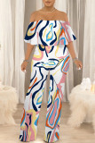Orange Apricot Street Geometric Print Pocket Flounce Off Shoulder Jumpsuits