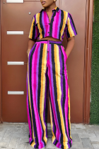 Purple Casual Print Buckle Patchwork Turndown Collar Short Sleeve Two Pieces