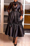 Black Sexy Solid Color Pocket Patchwork Mesh Turn-back Collar Long Dresses
