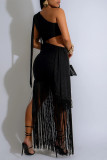 Black Sexy Elegant Solid Color Hollow Out Backless Fringed Hem Oblique Collar Wrapped Skirt Dresses