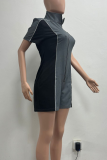 Grey Sexy Patchwork Zipper Zipper Collar Skinny Rompers