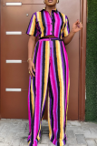 Purple Casual Print Buckle Patchwork Turndown Collar Short Sleeve Two Pieces
