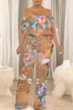 Orange Apricot Street Geometric Print Pocket Flounce Off Shoulder Jumpsuits