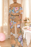 Orange Apricot Street Geometric Print Pocket Flounce Off Shoulder Jumpsuits