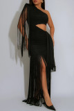 Black Sexy Elegant Solid Color Hollow Out Backless Fringed Hem Oblique Collar Wrapped Skirt Dresses