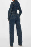 Deep Blue Casual Solid Color Buttons Patchwork Turndown Collar Long Sleeve High Waist Regular Denim Jumpsuits