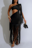 Black Sexy Elegant Solid Color Hollow Out Backless Fringed Hem Oblique Collar Wrapped Skirt Dresses