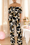 Orange Apricot Street Geometric Print Pocket Flounce Off Shoulder Jumpsuits