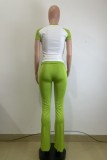 Green Yellow Casual Daily Patchwork Contrast O Neck Short Sleeve Two Pieces