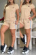 Brown Casual Jacquard Letters Draw String Pocket O Neck Short Sleeve Two Pieces