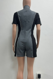 Grey Sexy Patchwork Zipper Zipper Collar Skinny Rompers