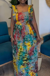 Blue Casual Print Patchwork Square Neck Long Dresses