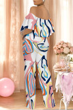 Orange Apricot Street Geometric Print Pocket Flounce Off Shoulder Jumpsuits