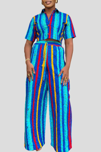Blue Casual Print Buckle Patchwork Turndown Collar Short Sleeve Two Pieces