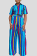 Blue Casual Print Buckle Patchwork Turndown Collar Short Sleeve Two Pieces
