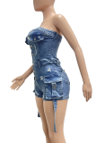 Blue Sexy Solid Color Pocket Buckle Strapless Sleeveless Skinny Denim Jumpsuits