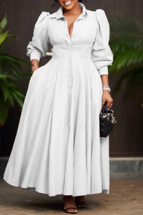 White Casual Daily Solid Color Buttons Turndown Collar Long Dresses